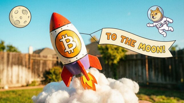 Bitcoin Rocket Launching to the Moon Cryptocurrency and Doge Meme Concept Art