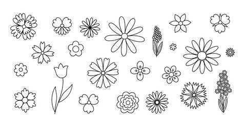 Obraz premium Fancy flowers, leaves set, hand drawn outline vector illustration, symbol of spring, cozy home, spring Easter holidays celebration decor, clipart for cards, banner, springtime decoration