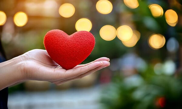 A hand holding a red heart in front of a blurred background with bokeh lights