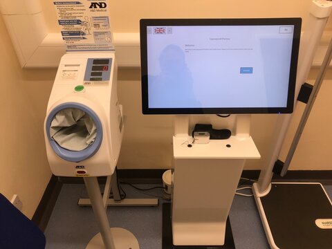 A&D Medical blood pressure machine and monitor in a doctors surgery. Boston UK. Nov 2025 