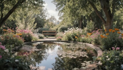 Serene Garden Pond Scene with Lush Greenery and Floral Beauty.