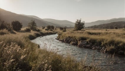 Serene River Valley Landscape with Mountains and Golden Grass.