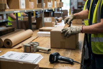 Warehouse worker sealing cardboard box with tape at packing station