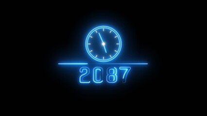 Blue neon clock icon illustration.  Neon light clock timer. Neon 2087 calendar clock. 