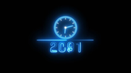 Blue neon clock icon illustration.  Neon light clock timer. Neon 2091 calendar clock. 