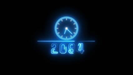 Blue neon clock icon illustration.  Neon light clock timer. Neon 2094 calendar clock. 