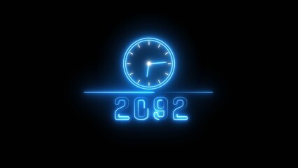 Blue neon clock icon illustration.  Neon light clock timer. Neon 2092 calendar clock. 
