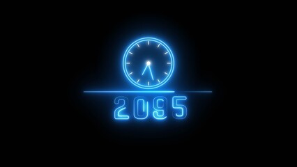 Blue neon clock icon illustration.  Neon light clock timer. Neon 2095 calendar clock. 