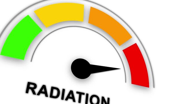Radiation level gauge meter animation displaying low to high intensity levels. Ideal for nuclear safety, environmental monitoring and hazard warnings