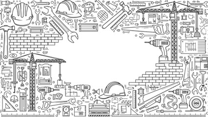 Fototapeta premium Black and white illustration of various construction tools and equipment