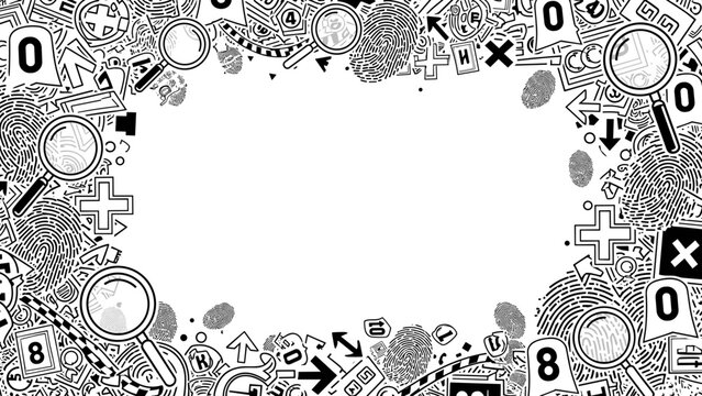 Black and white illustration of various medical and science symbols