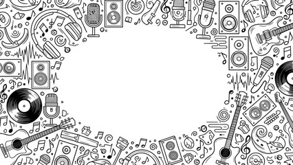 Obraz premium Black and white illustration of music and audio equipment border frame with various symbols and icons