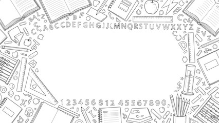 Fototapeta premium Black and white illustration of various school stationery items arranged in a circle
