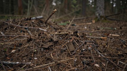Obraz premium Chaotic destruction forest foreground pile discarded items lies ground consisting twigs branches scrap materials surrounded