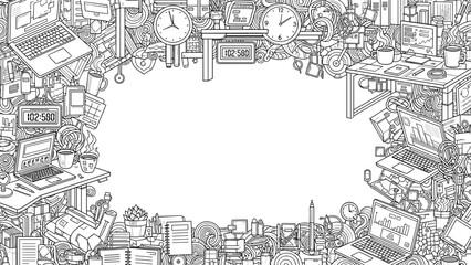 Obraz premium Busy office workspace with computers and office supplies border frame illustration