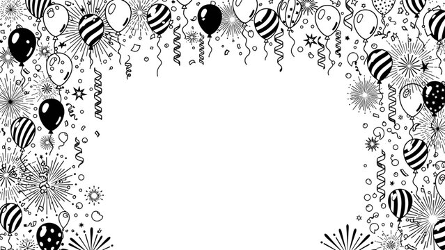 Black and white festive border with balloons and confetti for party decoration
