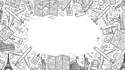 Fototapeta premium Black and white illustration of travel themed border with landmarks and symbols