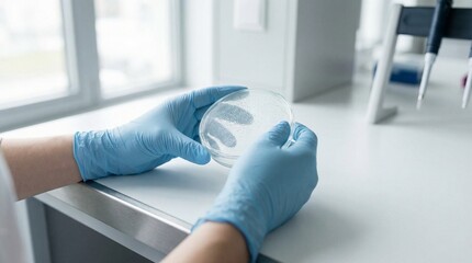 Obraz premium Gloved Hands Holding a Petri Dish on a Clean Laboratory Bench