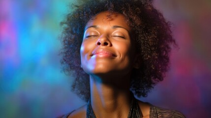 Fototapeta premium Joyful african female portrait in colorful light with closed eyes.
