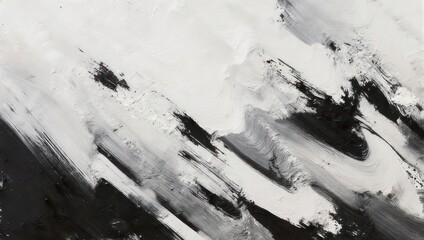 Abstract monochrome painting.  Brushstrokes of black and white create dynamic diagonal lines across the canvas