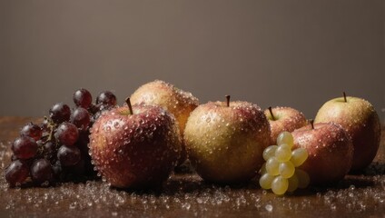 Still life of apples and grapes, covered in water droplets, on a dark wooden surface