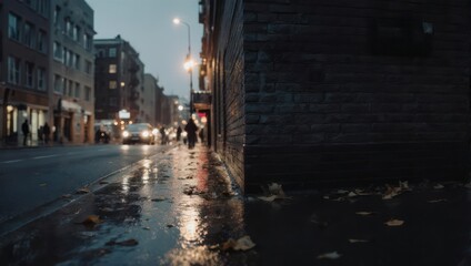 Blurred city street at dusk, wet pavement, pedestrians