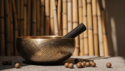 Golden singing bowl, dark mallet, and scattered seeds against bamboo