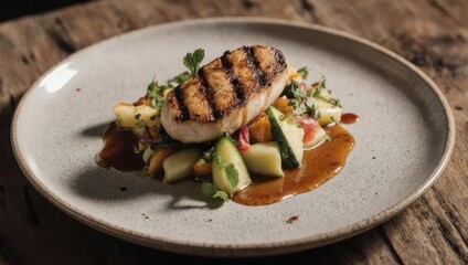 Grilled fish fillet with seasonal vegetables on a plate