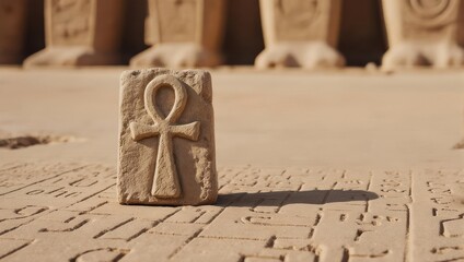 An Ankh symbol carved from light beige sand, sits on a sandy surface with sand-carved hieroglyphs, surrounded by large sand sculptures of animalistic forms