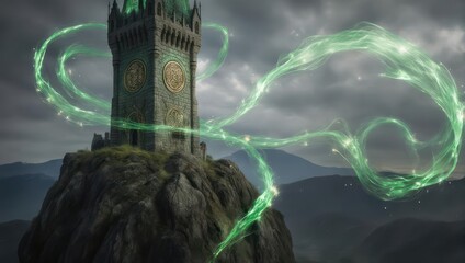 Fantasy clock tower on a mountaintop, surrounded by swirling emerald energy