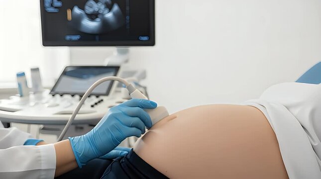 A medical professional in a modern clinic performs an ultrasound on a pregnant woman, capturing a crucial moment in prenatal care with advanced medical technology.