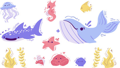 Obraz premium Cute Kawaii Sea Creatures in Blue, Yellow and Pink Set: Whale, Whale Shark, Jellyfish, Seahorse, Shell, Crab and Fish Clipart