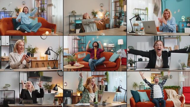 Money cash dollar rain falling. Collage of happy people mix men women diverse gender different ages ethnicity celebrating success winning game victory goal achievement, good news, lottery jackpot luck