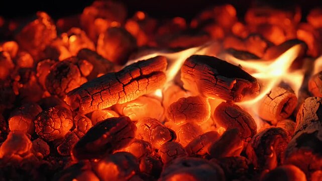 Burning Embers - A Close-Up View of Glowing Coals and Flames.