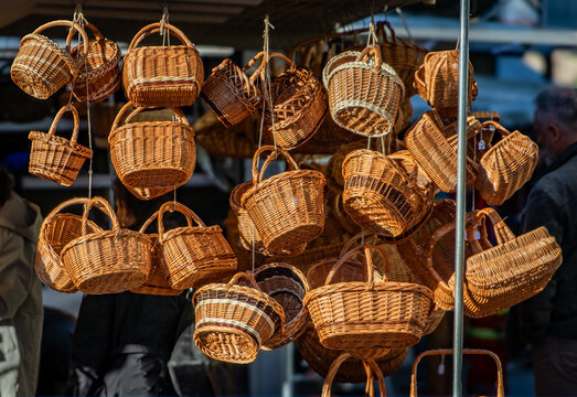 Hand woven wicker baskets for sale at a farmers market in Bern, Switzerland