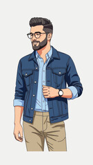 Fototapeta premium Man with Denim Jacket and Glasses Striking Casual Urban Look.