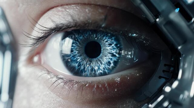 close up of a bionic robotic eye with a vibrant blue iris. An abstract colorful and elegant technology concept.
