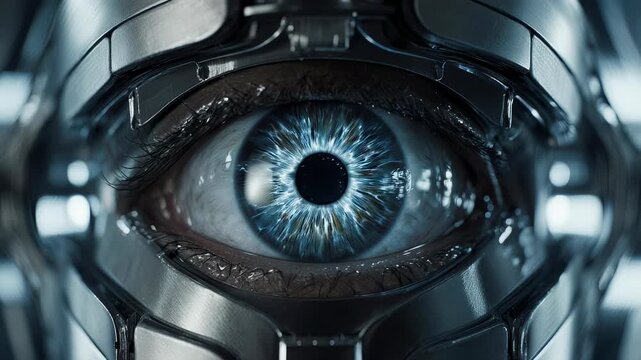 An eye gazing through a technological structure