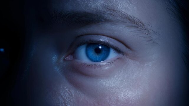 A professional simple close up of a vibrant blue human eye with dramatic lighting. An abstract colorful and elegant biological concept.