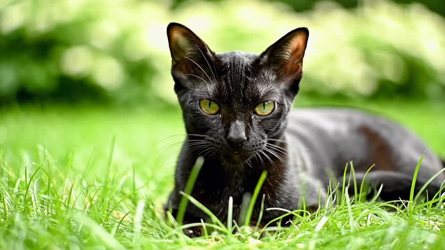 Elegant Black Cat Lounging in Lush Green Grass.