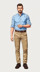 Fototapeta premium Full-body illustration of a man standing in casual blue shirt and khaki pants in a simple, modern pose.