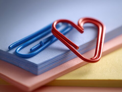 Paperclips Rest on a Stack of Colorful Sheets of Paper, Close-Up Still Life