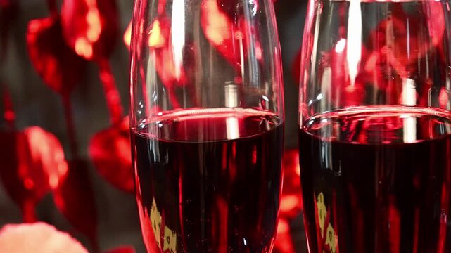 two glasses of red wine to reveal a romantic setting with a gift box and a plush red heart.