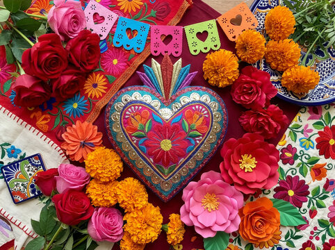 Flat lay corazon, flores y adornos tem&aacute;tica de San Valent&iacute;n mexicano.