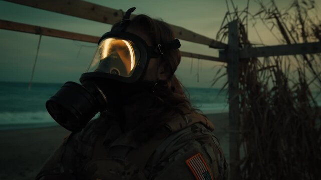 Radiation contaminated beach in wartime. Soldier with gas mask near stormy ocean