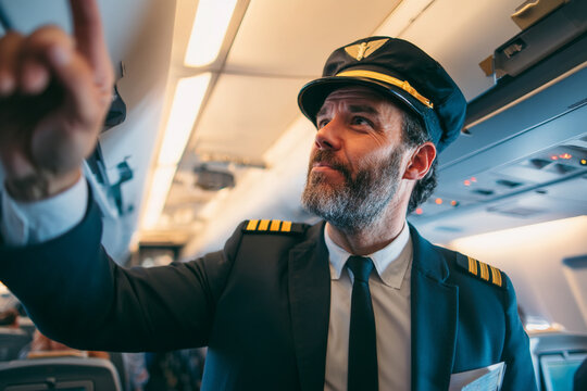 A pilot assisting passengers by showing emergency exit procedures during boarding inside a commercial plane cabin.