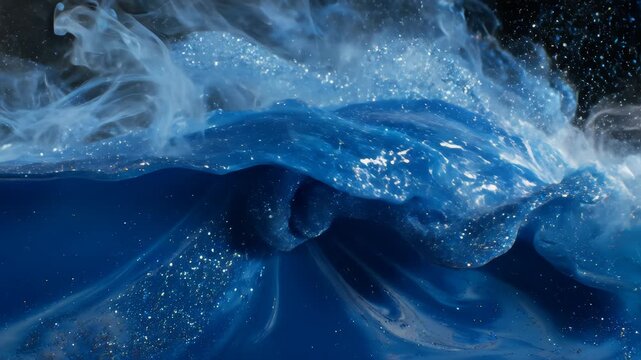 Glitter fluid abstract background. Ink water. Sea wave. Blue color shimmering glowing grain dust mist texture liquid paint splash motion.