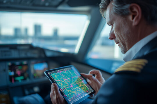 A pilot using a tablet to review flight plans in a modern airport lounge between two flights.