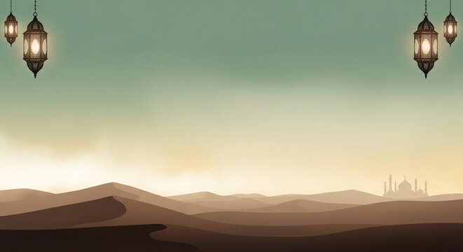Pixelated Desert Landscape with Illuminated Lanterns and Distant Mosque Silhouette on Warm Colored Sky Backdrop