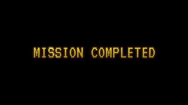 Mission completed retro gaming pixel art success achievement game over suitable for retro game interfaces, success screens, or digital notifications of task completion.